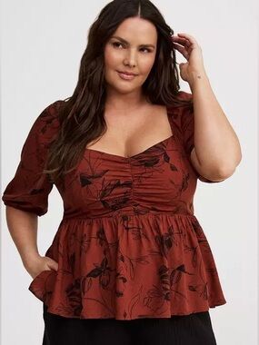 torrid Rust Floral Ruched Peplum Top with Smocking NWT